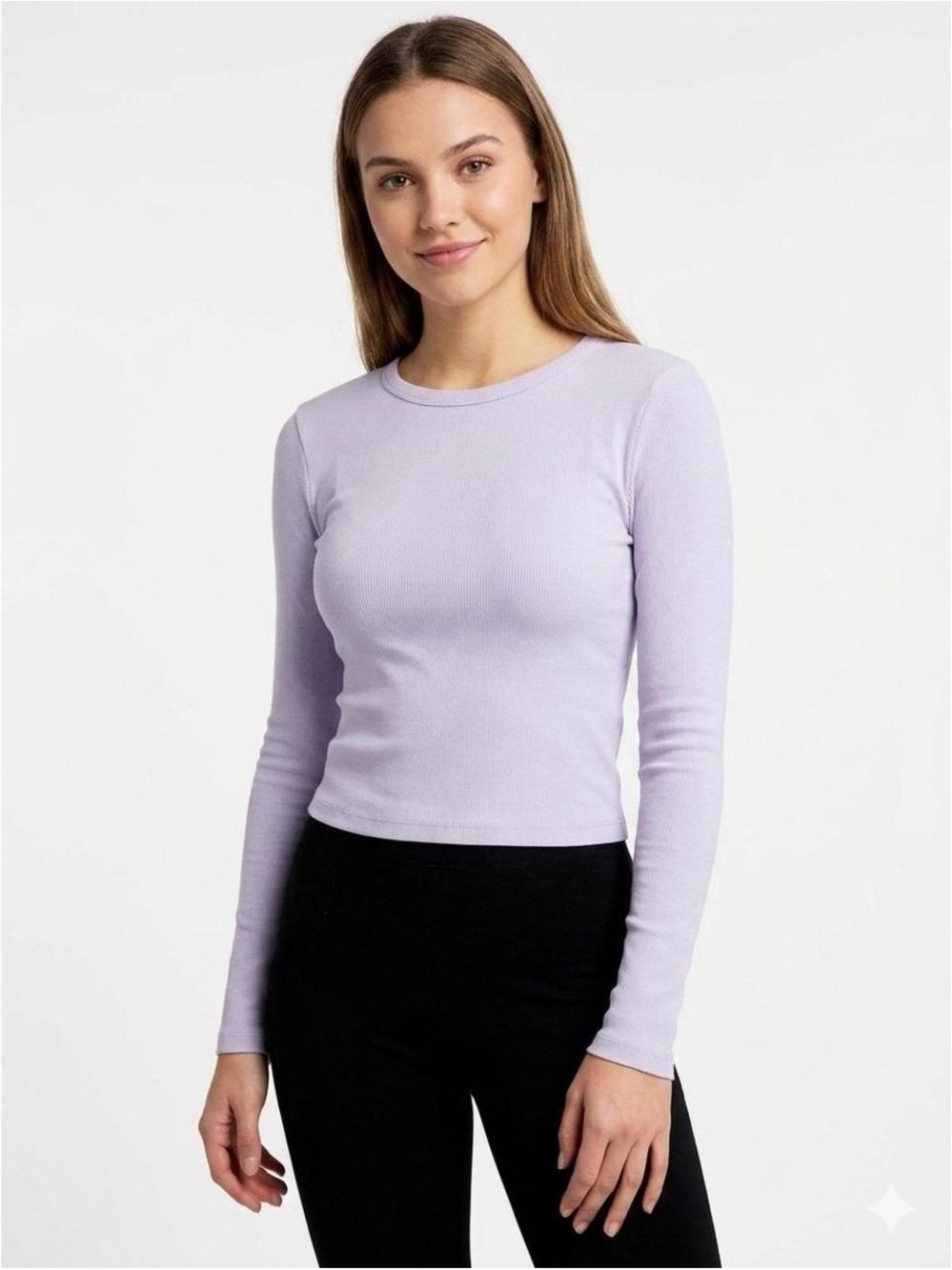 Anthropologie Maeve Lavender Long Sleeve Ribbed Crewneck Top Medium Crop